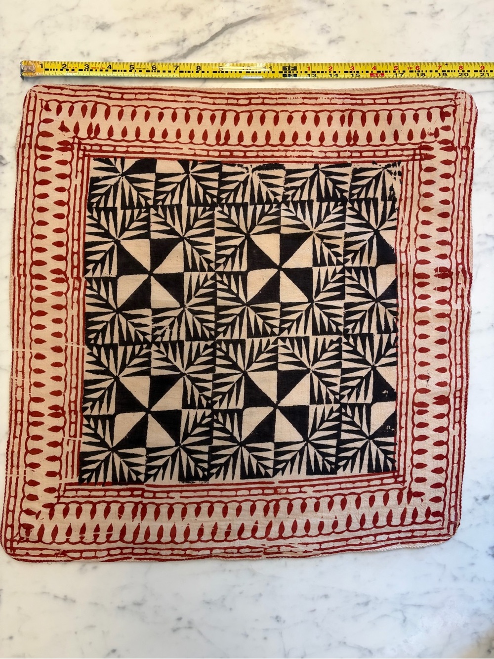 Hand-Printed Geometric Bandana Scarf in Black & Red